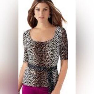 White Hous Black Market Leopard Stretch Fully Lined Peplum Top Large